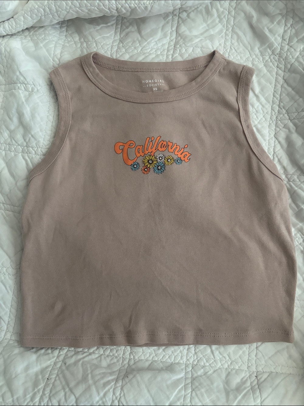 Homegirl Society XS California Floral Sun Crop Tank Taupe Ribbed